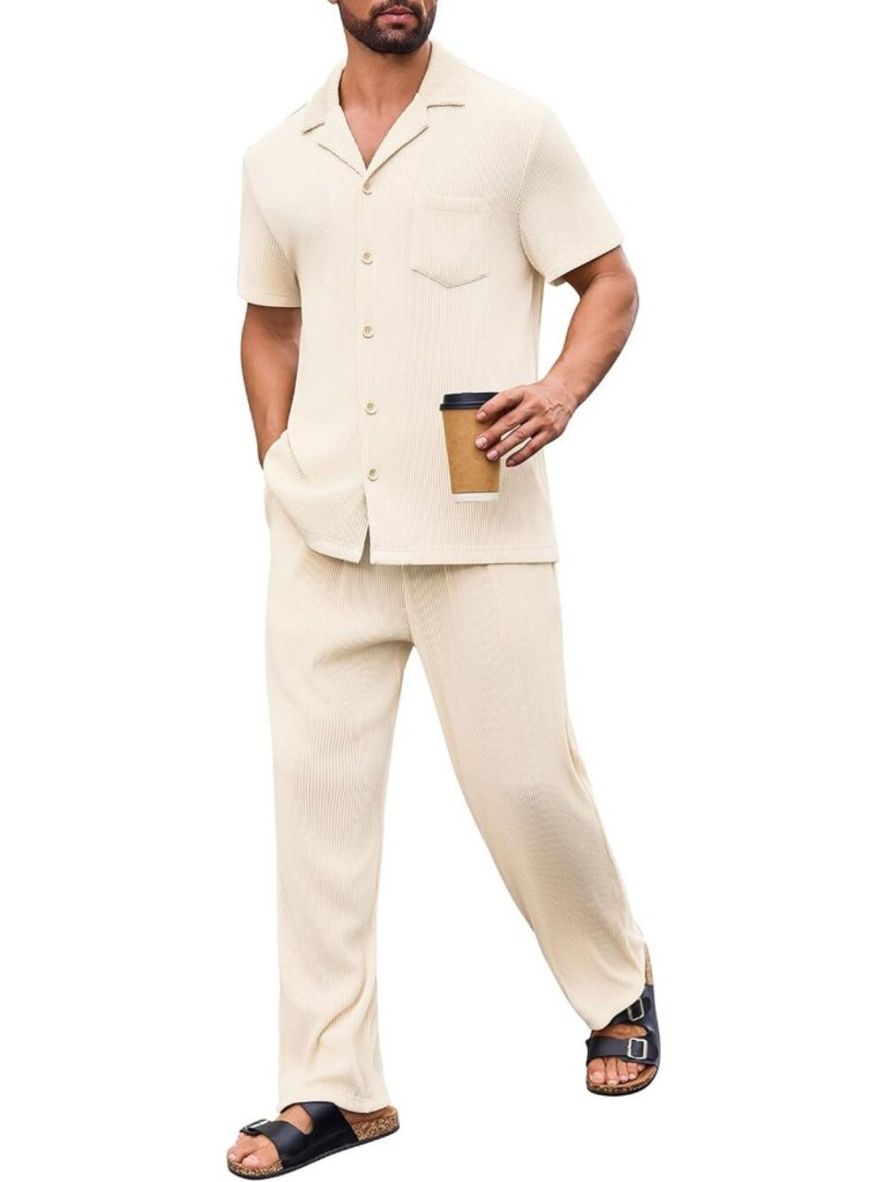 Men's Summer Two-Piece Outfit - Short Sleeve Ribbed Shirt & Pants Set with